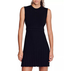 Sandro Scorpion Sleeveless Round Neck Pleat Skirt Mini Dress Black Womens Size S